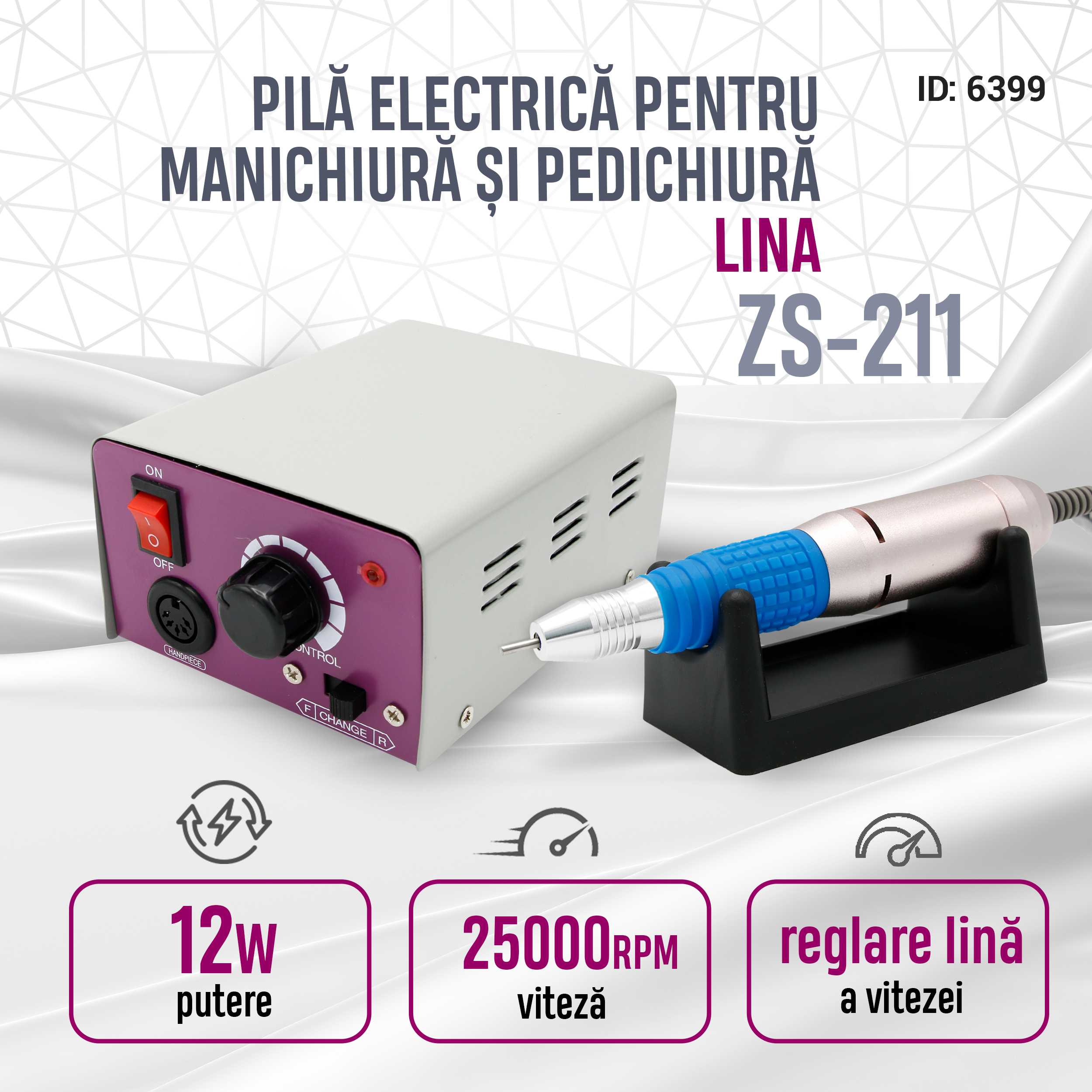 01-2-RO Pila/freza electrica pentru manichiura si pedichiura, Lina ZS-211, 12W, 25000RPM, Gri - imagine 1